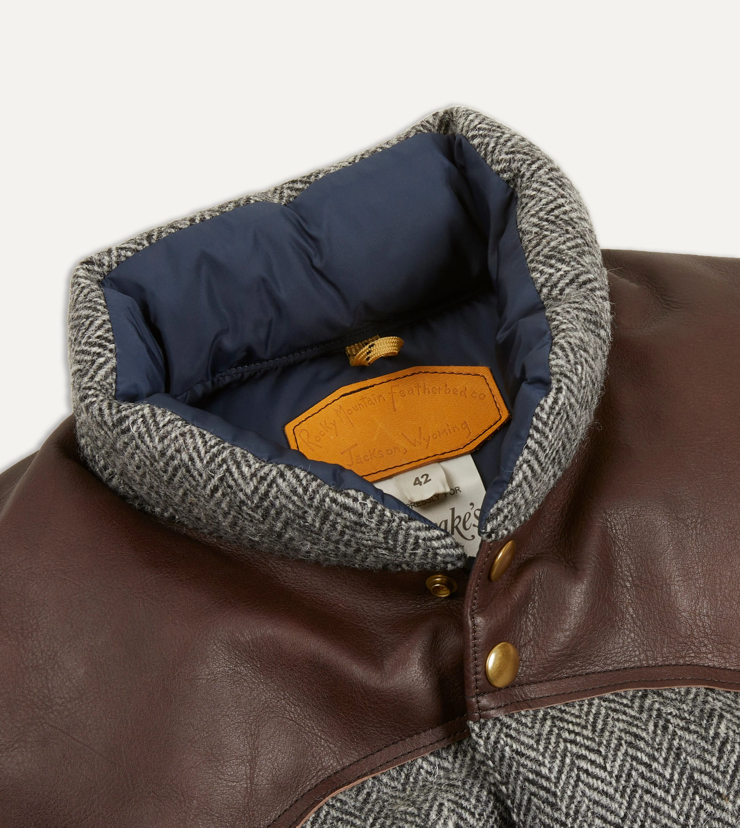 Rocky Mountain Featherbed for Drake's Herringbone Harris Tweed Leather Christy Down Vest - Image 3