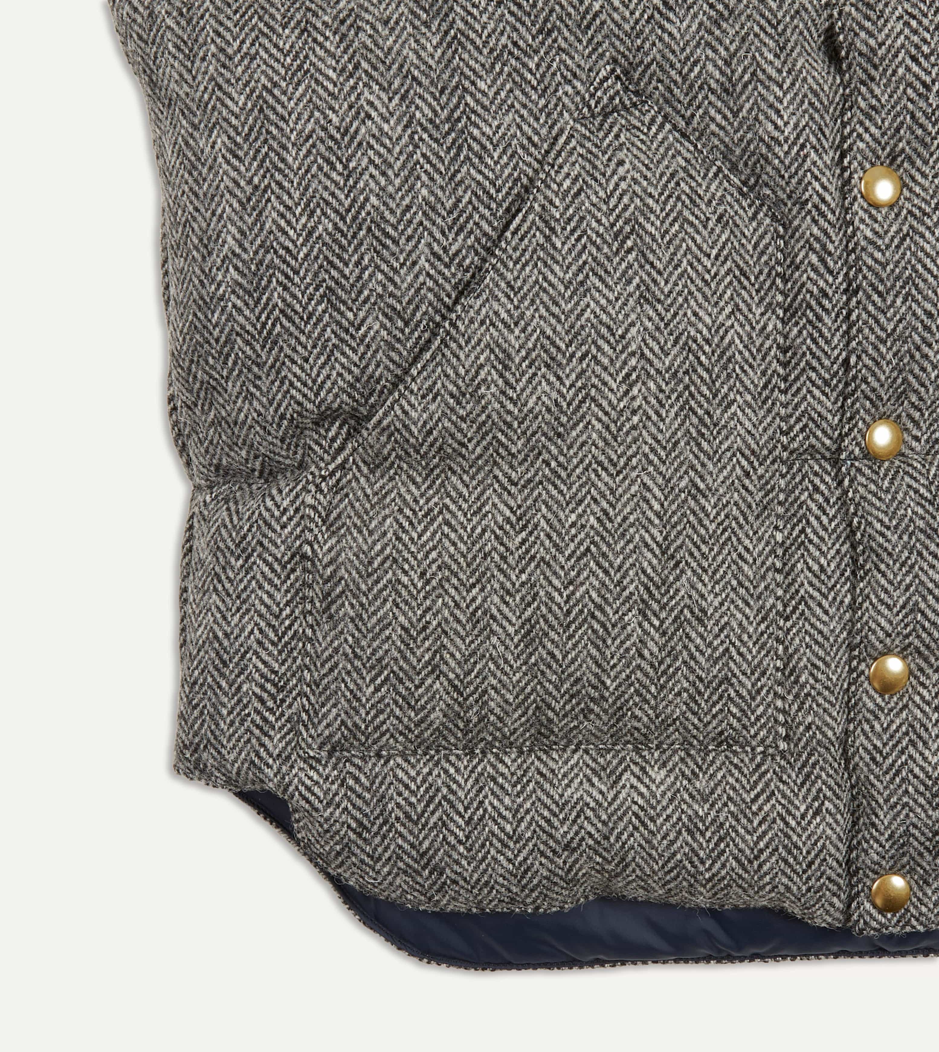 Rocky Mountain Featherbed for Drake's Herringbone Harris Tweed Leather Christy Down Vest - Image 5